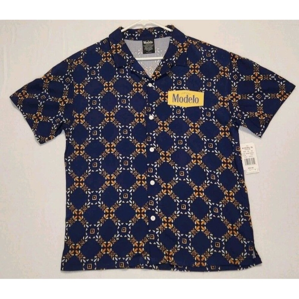 Modelo Size Small Button Down Short Sleeve Shirt Beer Mens Navy Blue New